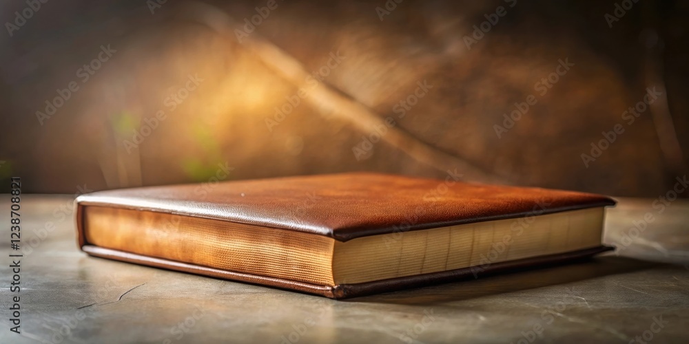 Poster luxurious leather-bound book resting on a rustic surface in warm light