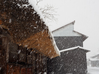 Close up snow on the roof of the house, old Japanese house in winter, Shirakawago