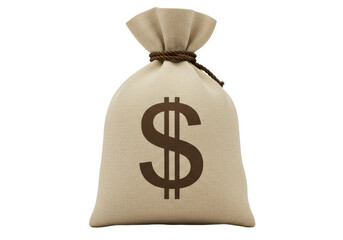 A beige fabric money bag with a printed dollar symbol, tied at the top, isolated on a white background