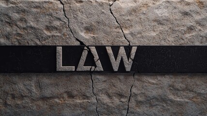 law restriction policy concept. Text on a cracked surface reading "LAW" in a stylized font.