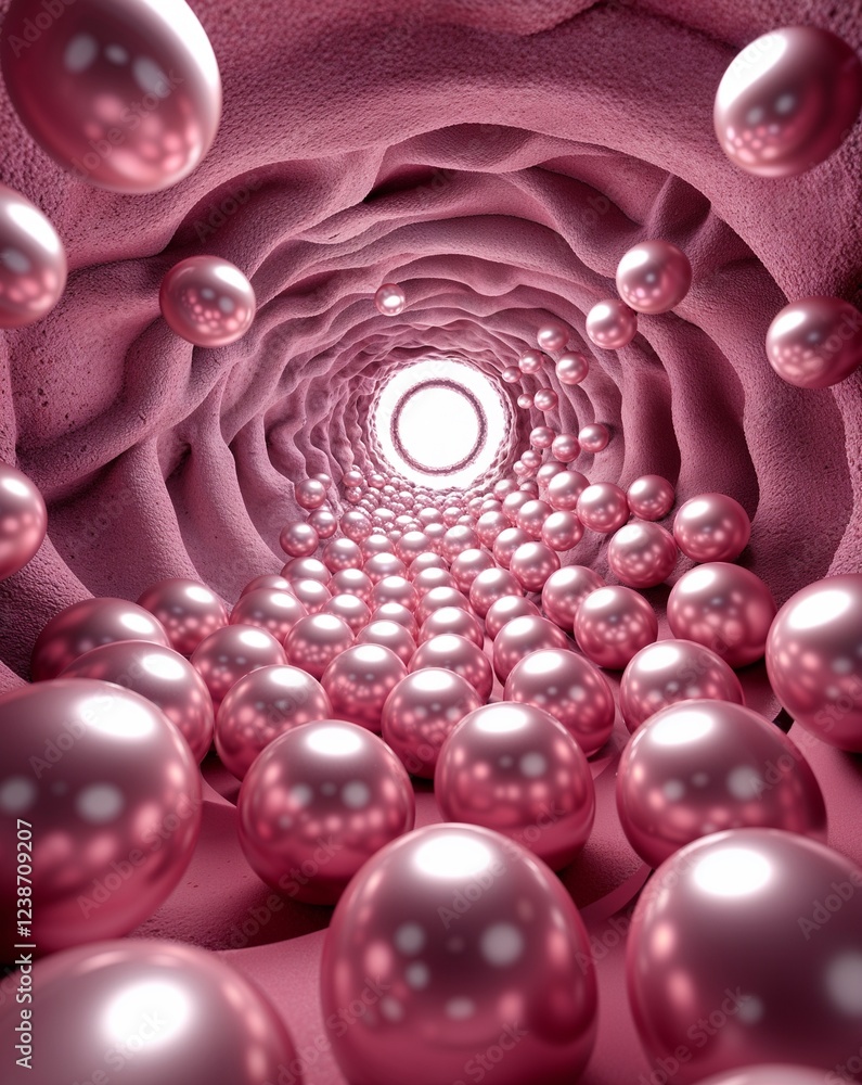 Poster pink smooth metallic spheres rotating in a circular vortex abstract background