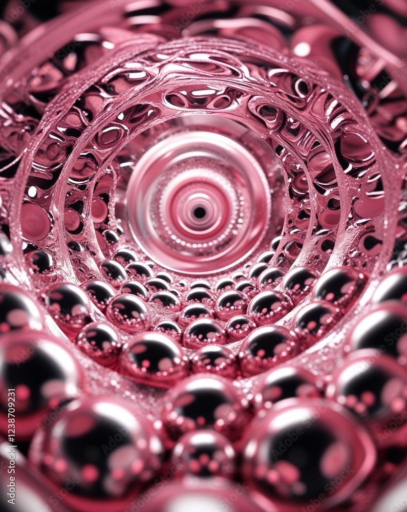 Poster pink smooth metallic spheres rotating in a circular vortex abstract background