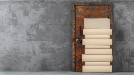 law restriction policy concept. Rustic door with parchment rolls against a textured wall.