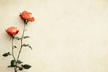 Two delicate peach roses elegantly arranged against a textured beige background, creating a vintage aesthetic perfect for greeting cards or romantic designs.