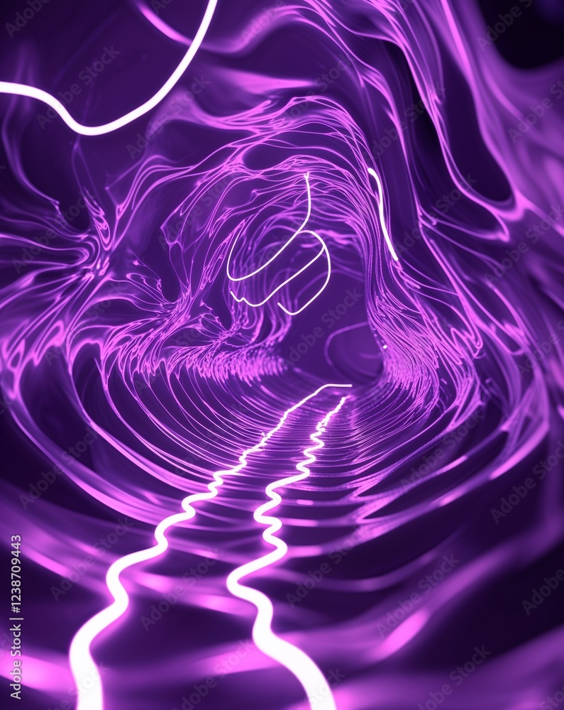 Poster purple neon lightning pulses flashing in rhythmic waves abstract background