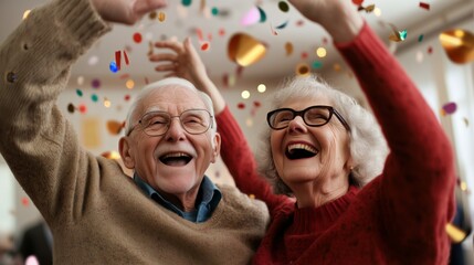 Obraz premium A couple of older people are celebrating with confetti. They are smiling and laughing. The scene is joyful and festive