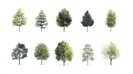 Collection of isolated 2D trees in minimalistic style, showcasing various shapes and colors