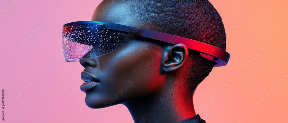 Poster a model wears futuristic augmented reality glasses, highlighting advanced technology and design agai