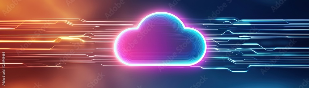 Poster neon cloud icon with motion lines, symbolizing fast digital connectivity and cloud computing technol