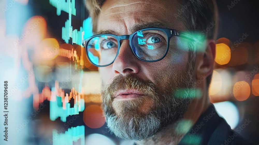 Poster entrepreneur strategizing investment decisions with double exposure of fluctuating index trends stoc
