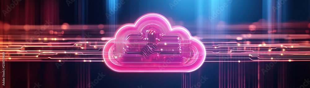 Poster digital cloud symbol with vibrant neon colors and circuit patterns, representing technology and data