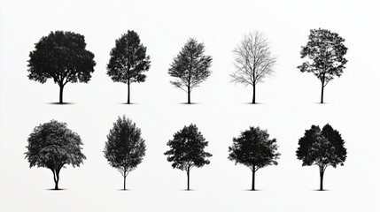 Collection of isolated 2D trees in minimalistic style, showcasing various shapes and sizes