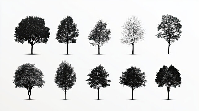 Collection of isolated 2D trees in minimalistic style, showcasing various shapes and sizes