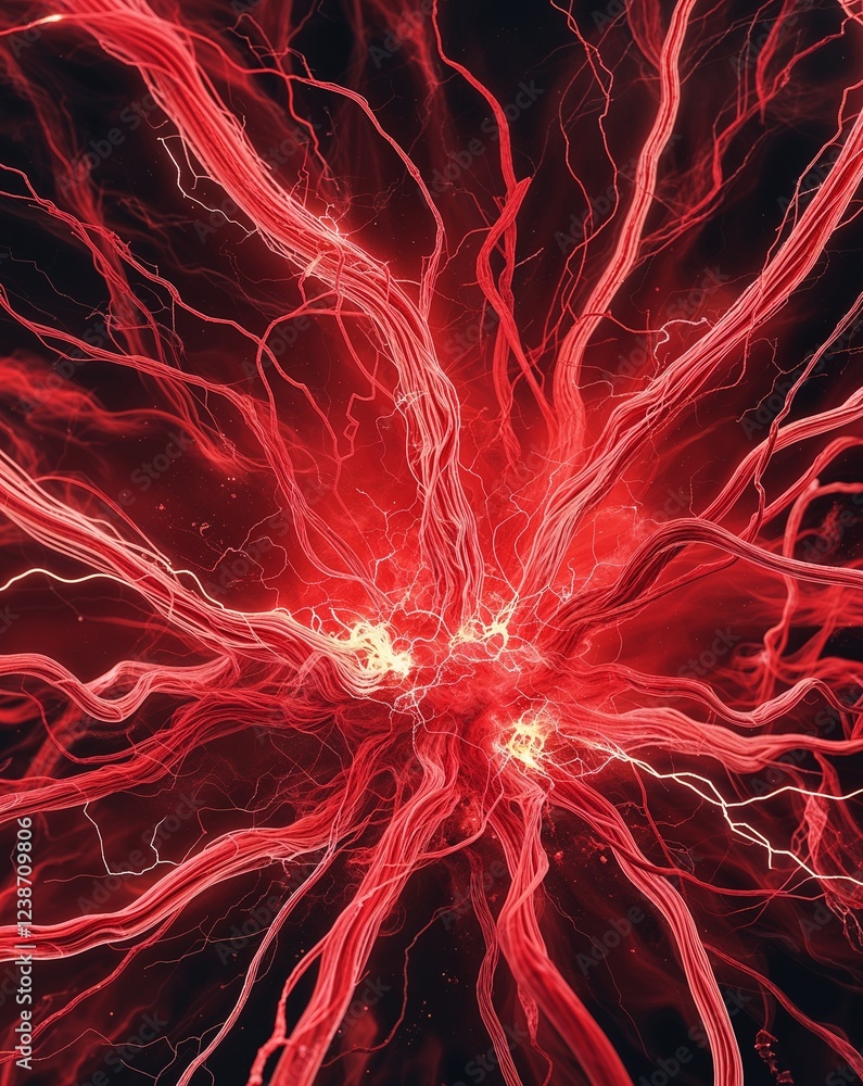 Poster red explosive electric tendrils extending in random directions abstract background