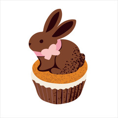 Colorful Easter eggs, bunnies and a festive cake isolated on a white background. Ideal for concepts related to Easter celebrations, holiday treats, spring and holiday cooking.