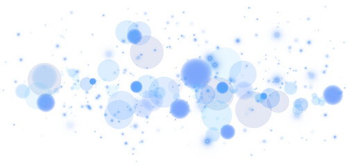 Glowing blue bokeh circles. Christmas background. Powder. Magic shining blue dust. Fine, shiny dust bokeh particles fall off slightly. Fantastic shimmer effect. PNG.