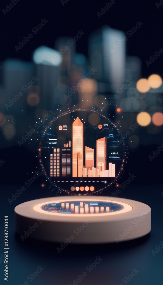 Poster a futuristic 3d hologram displays bar graphs and data, symbolizing modern technology and analytics a