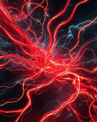 Red intertwining electric tendrils glowing with immense energy abstract background