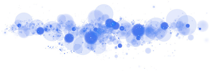 Glowing blue bokeh circles. Christmas background. Powder. Magic shining blue dust. Fine, shiny dust bokeh particles fall off slightly. Fantastic shimmer effect. PNG.