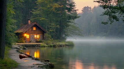 Fototapeta premium Secluded Cabin by the Lake at Sunset: A Peaceful Forest Escape