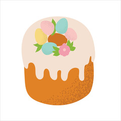 Colorful Easter eggs, bunnies and a festive cake isolated on a white background. Ideal for concepts related to Easter celebrations, holiday treats, spring and holiday cooking.