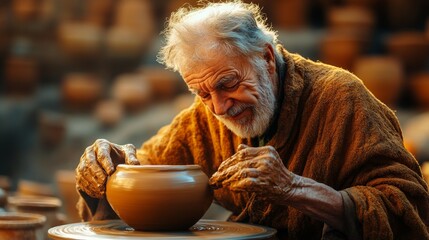 An elderly artisan skillfully molds a pot on the wheel, surrounded by numerous handcrafted items in a warm, inviting studio during golden hour
