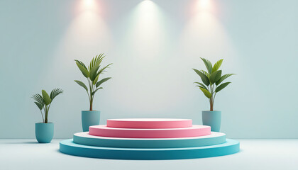 Pastel Podium Display with Tropical Plants