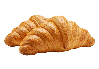 Two golden brown croissants with a flaky texture isolated on white background