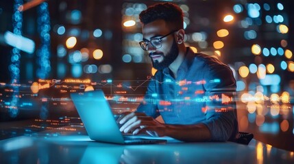 Entrepreneur monitoring financial markets with digitalized graphs surrounding their professional workspace Stock Photo with side copy space