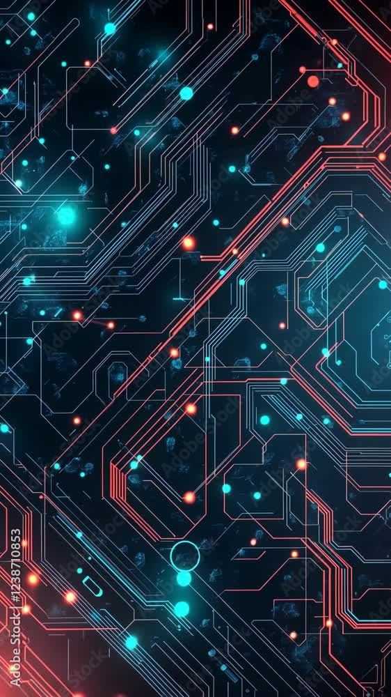 Poster intricate circuit board design with glowing elements in a futuristic color palette