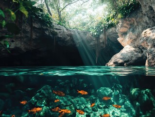Sunlight illuminates a crystal clear cenote with orange fish swimming beneath a rocky overhang