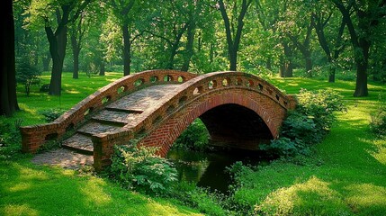 Serene Brick Bridge in Lush Green Park: A Picturesque Summer Landscape Photography