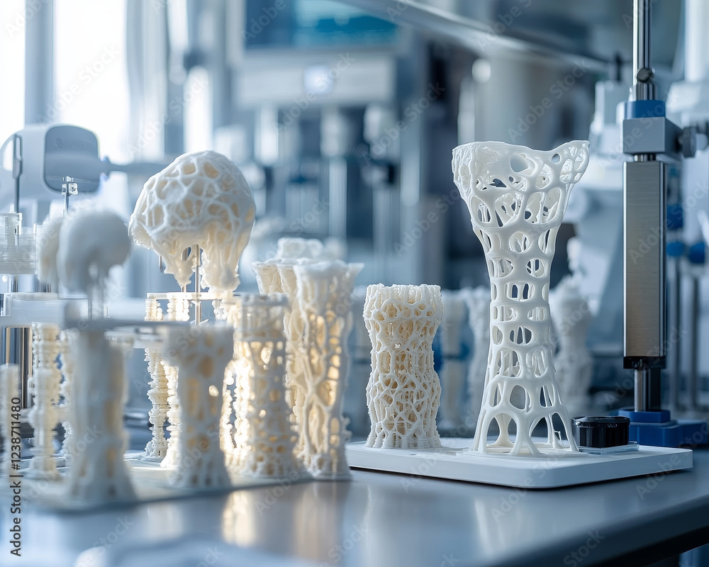 Poster close up of intricate 3d printed structures on workbench