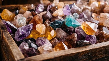 This image captures a stunning array of assorted gemstones arranged creatively within a rustic wooden box, highlighting their natural beauty and vibrant colors.