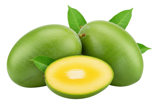 two whole green mangoes with a sliced piece and green leaves isolated on white background