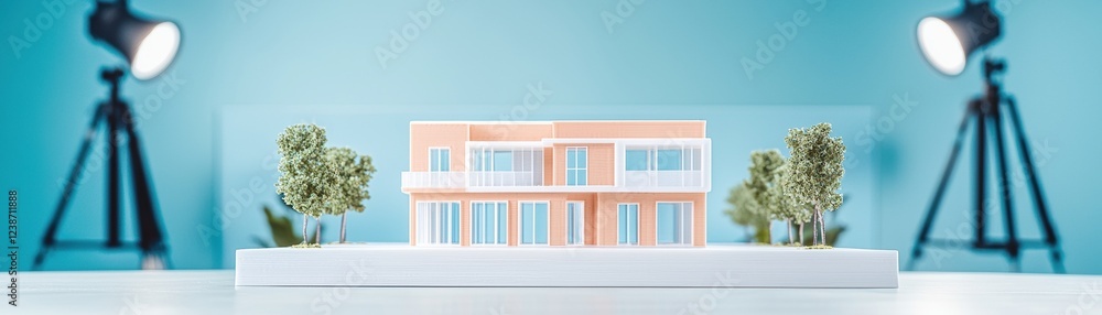 Aufkleber a miniature architectural model of a colorful building surrounded by small trees, illuminated by stu