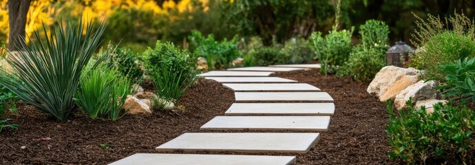 Extreme weather climate change idea. Serene garden pathway with stepping stones surrounded by lush green plants.