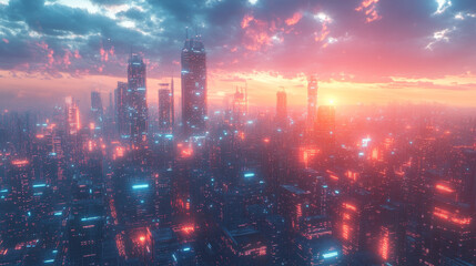 Fototapeta premium Futuristic city skyline with glowing buildings at sunset