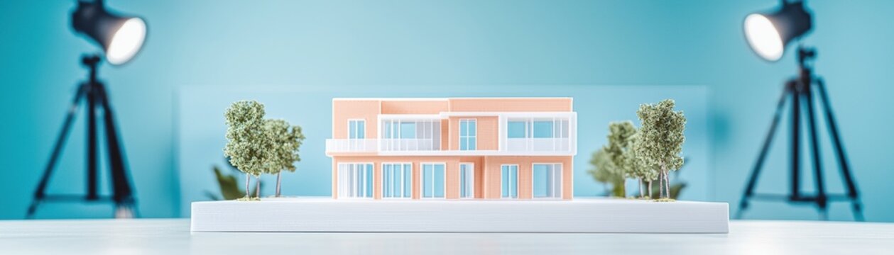 A miniature architectural model of a colorful building surrounded by small trees, illuminated by studio lights, set against a blue background.