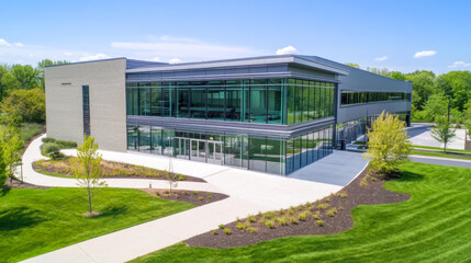 Obraz premium Aerial view of modern office building design in a green suburban environment
