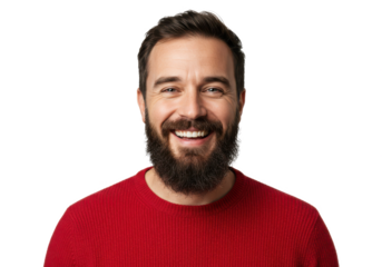 Portrait of a cheerful man with a beard wearing a red sweater, isolated on white background