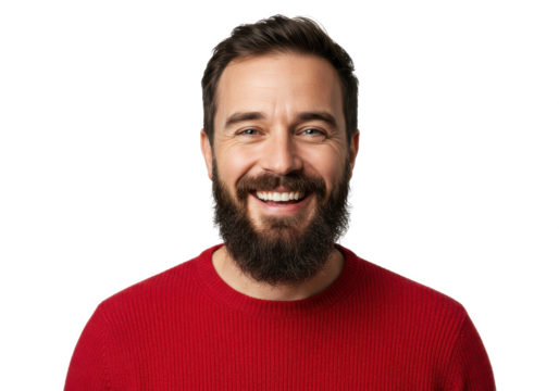 Portrait of a cheerful man with a beard wearing a red sweater, isolated on white background