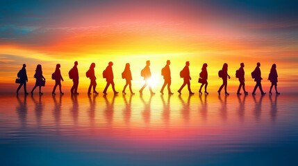 Silhouettes of Business People Walking Towards Sunset: A Journey of Success and Growth