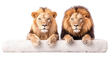 Majestic Lions: Serene Portraits of Two Powerful Male Lions on a White Background