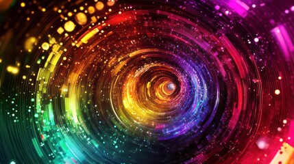 Obraz premium Vivid glowing shapes in neon rainbow tones, spinning in a futuristic digital tunnel.