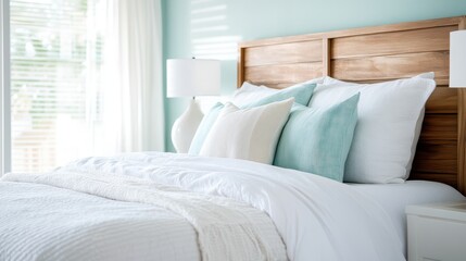 A cozy bedroom showcasing a mix of teal and white accents, large pillows, and a warm texture that creates a relaxing, inviting space ideal for restful nights.