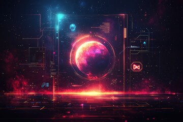 Abstract cosmic digital interface with glowing neon geometric patterns and icons