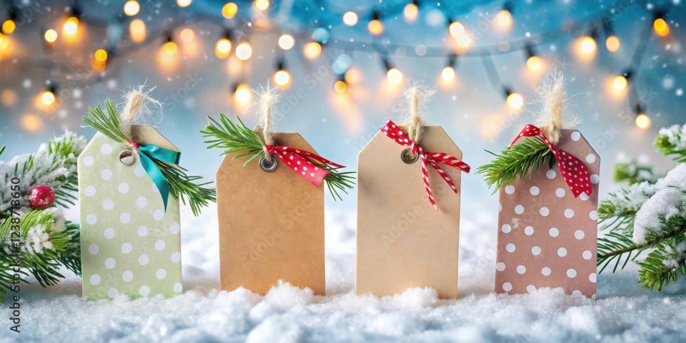 Poster four festive gift tags adorned with ribbons and evergreen sprigs, standing in the snow against a bok