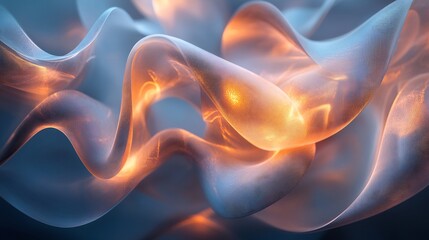 Abstract swirling forms glow warmly with soft blue light creating a serene ethereal ambiance. AI Generated