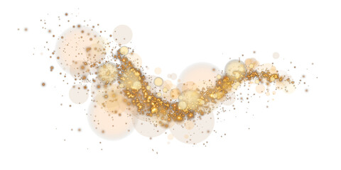 Glowing golden bokeh circles. Christmas background. Powder. Magic shining gold dust. Fine, shiny dust bokeh particles fall off slightly. Fantastic shimmer effect. PNG.